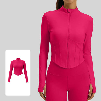  Women's Slim Fit Full Zip Running Jacket - Stylish Stand Collar Crop Top with Thumbholes for Yoga & Gym