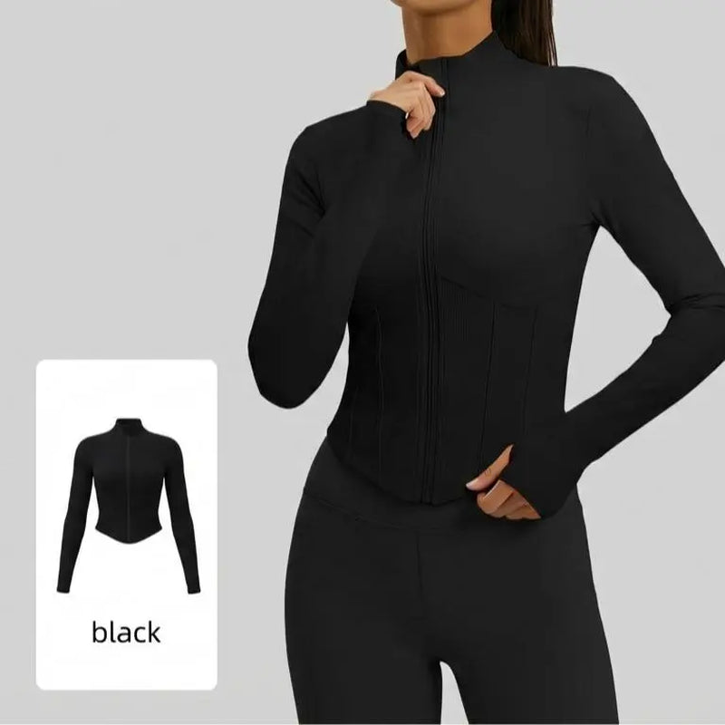  Women's Slim Fit Full Zip Running Jacket - Stylish Stand Collar Crop Top with Thumbholes for Yoga & Gym